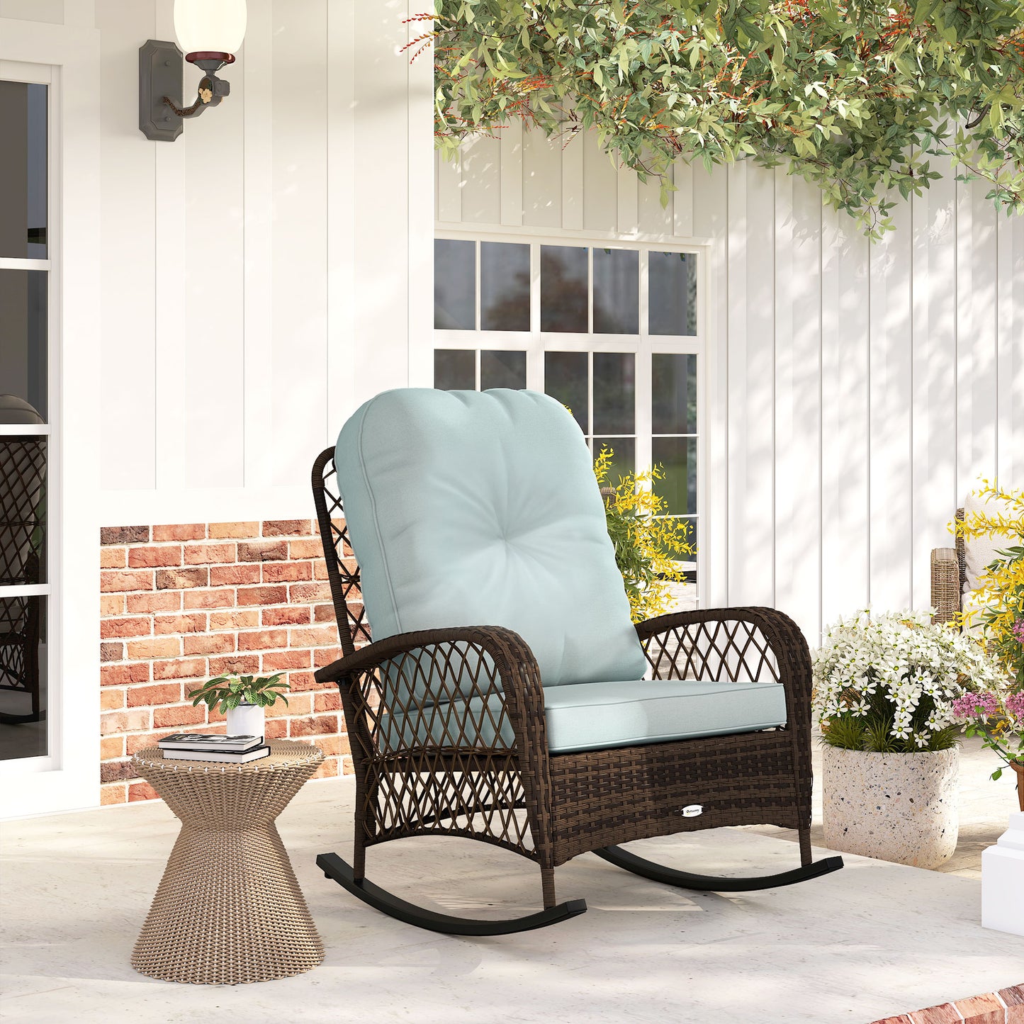 Outdoor Wicker Rattan Rocking Chair Patio Rocker with Thick Cushions for Garden Backyard Porch, Light Green