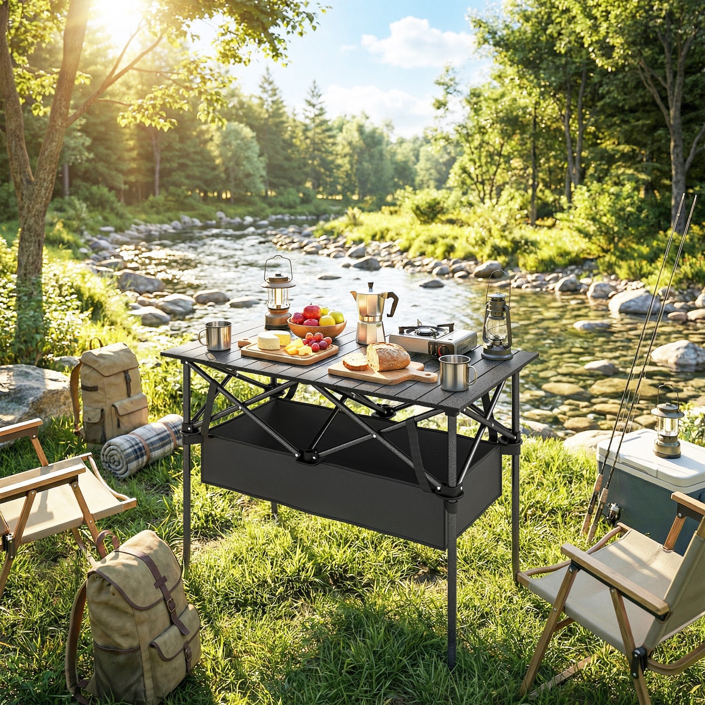 3ft Folding Camping Table, Picnic Table with Mesh Storage Net, Carrying Bag and Metal Frame, Black