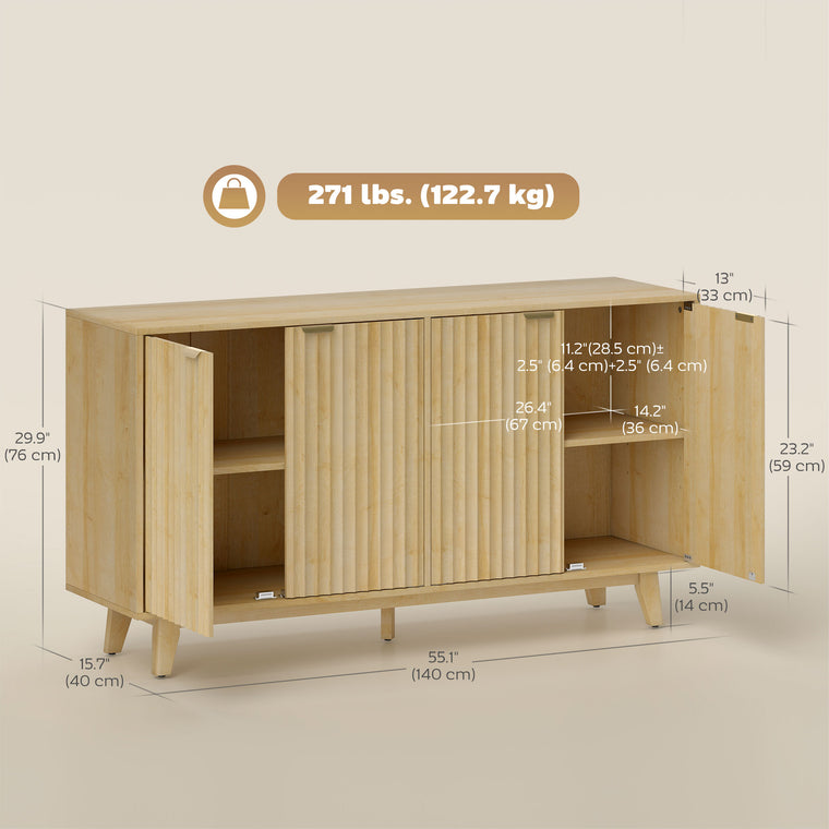55" Fluted Sideboard Buffet Cabinet with 4 Doors - Natural Wood