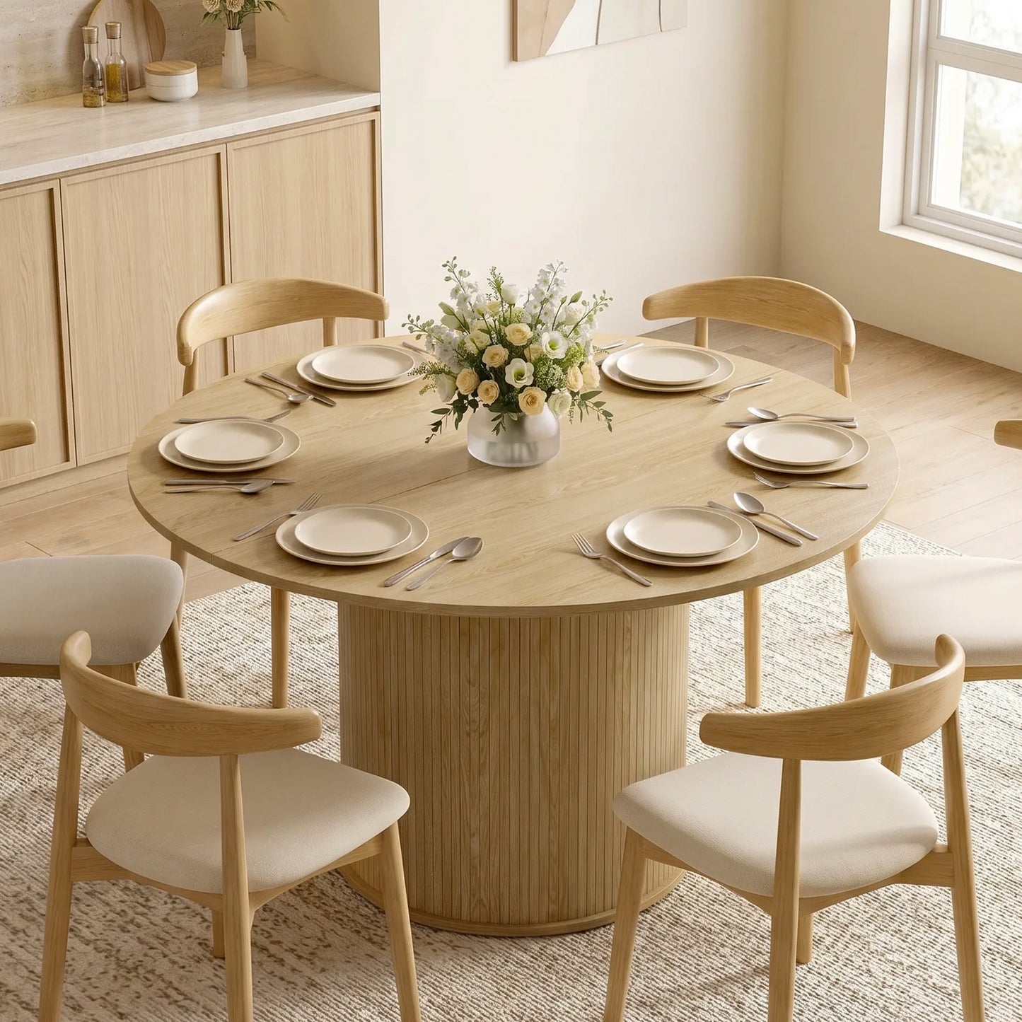 Round Dining Table for 4-6, 47 Inch Kitchen Table with Fluted Pedestal Base, for Kitchen Living Room Dining Room, Natural
