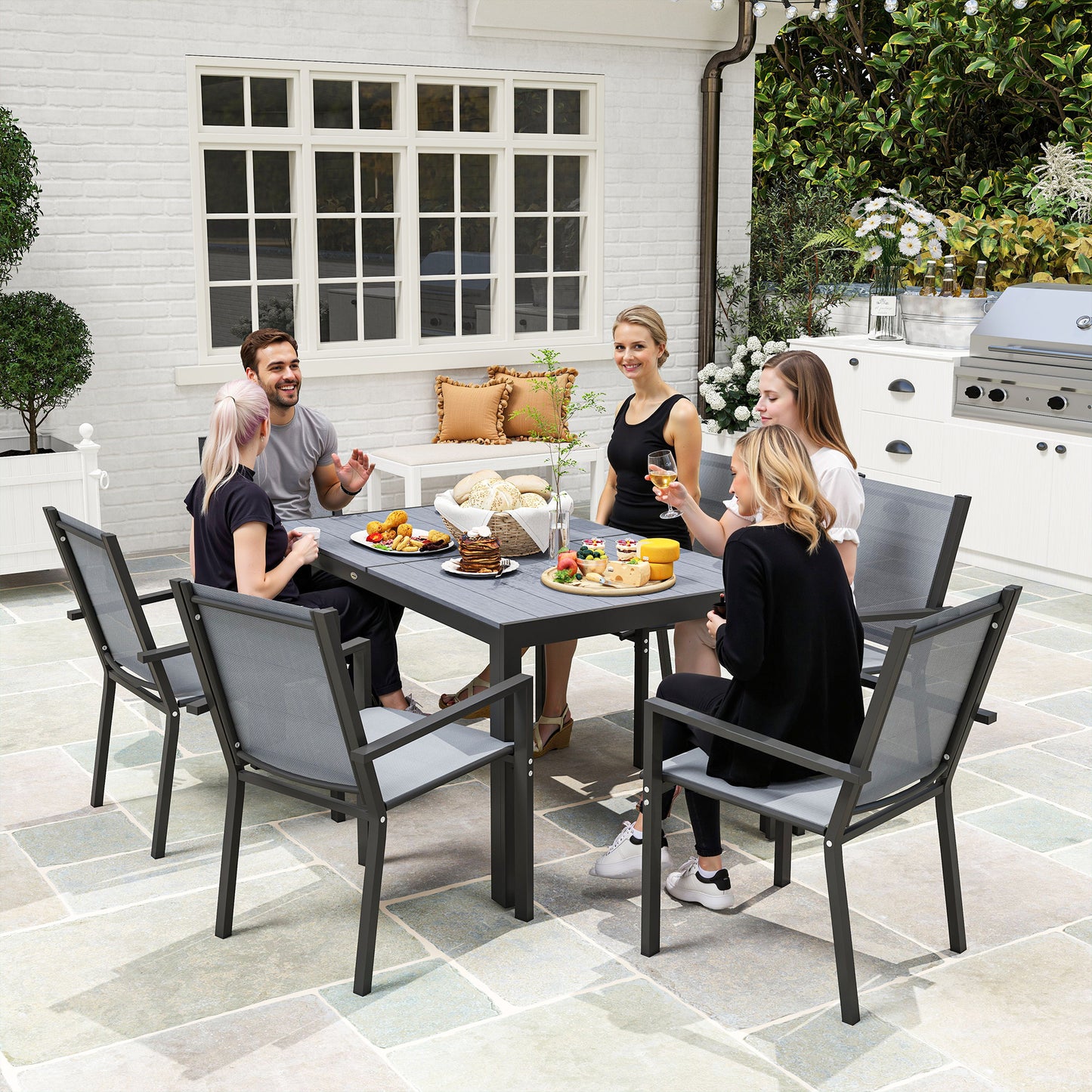 7 Piece Outdoor Dining Set with Rectangular Table and 6 Stackable Chairs, for Backyard, Lawn, Deck, Balcony, Pool Side