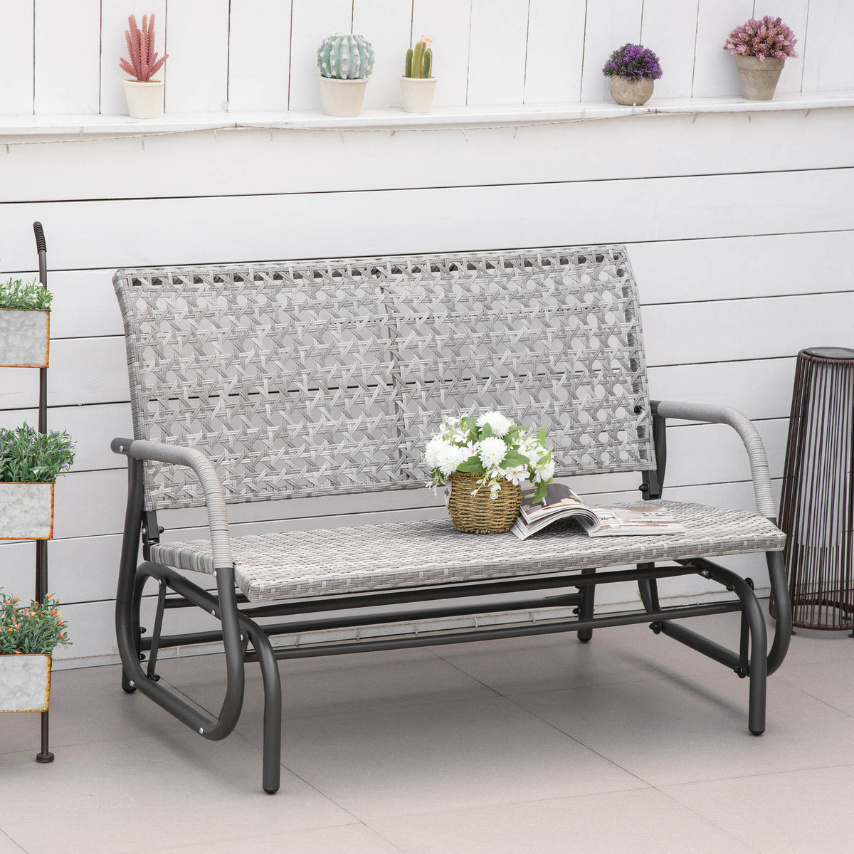 2 Seater Wicker Outdoor Glider Bench, Patio Swing Garden Bench, Garden Loveseat Rocking Chair, w/ Extra Wide Seat, Curved Backrest for Backyard, Poolside, Lawn, Mixed Grey