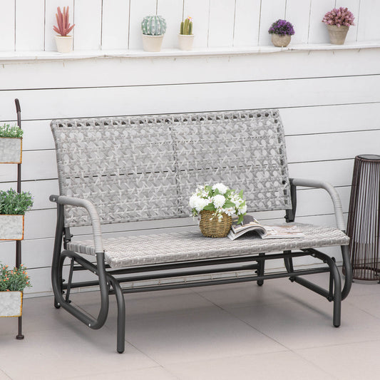2 Seater Wicker Outdoor Glider Bench, Patio Swing Garden Bench, Garden Loveseat Rocking Chair, w/ Extra Wide Seat, Curved Backrest for Backyard, Poolside, Lawn, Mixed Grey