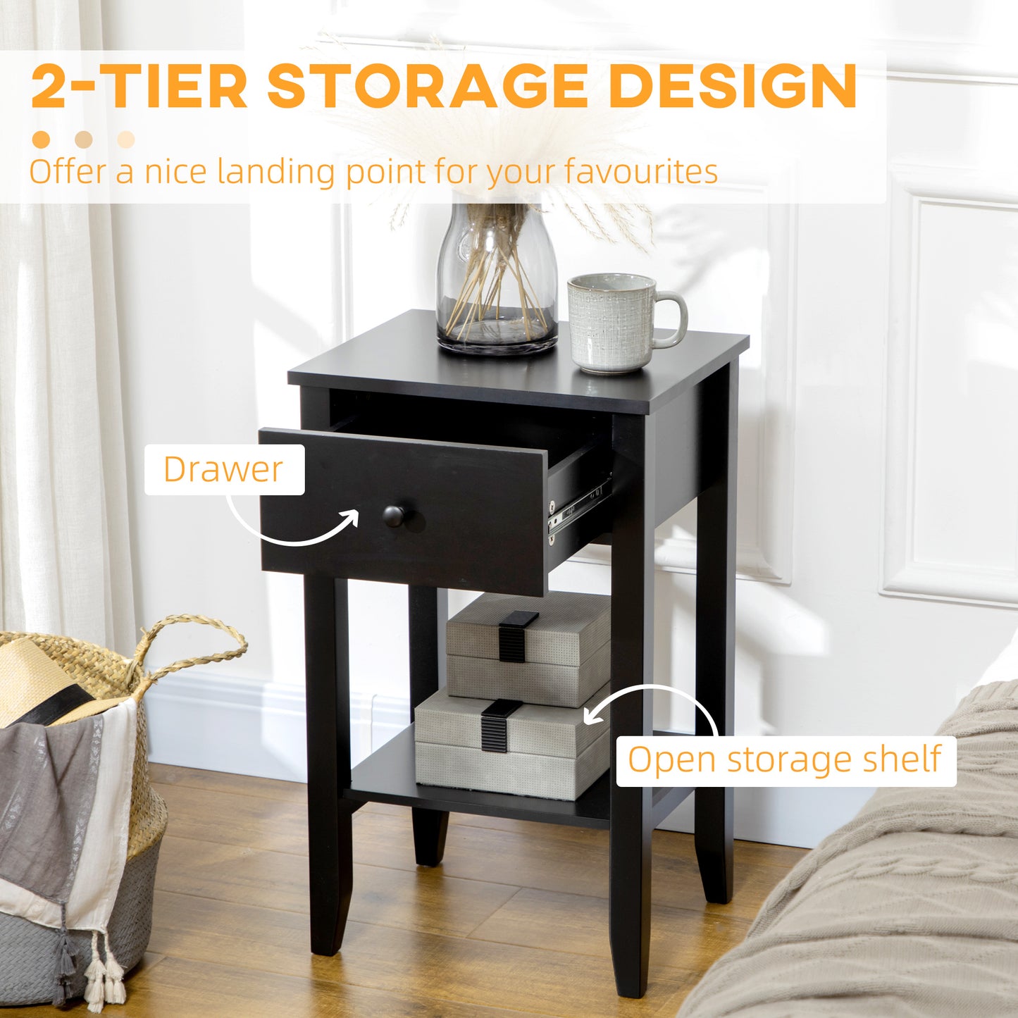 Side Table Set of 2, End Tables with Drawer and Bottom Shelf, 2-tier Nightstand for Bedroom, Living Room, Black