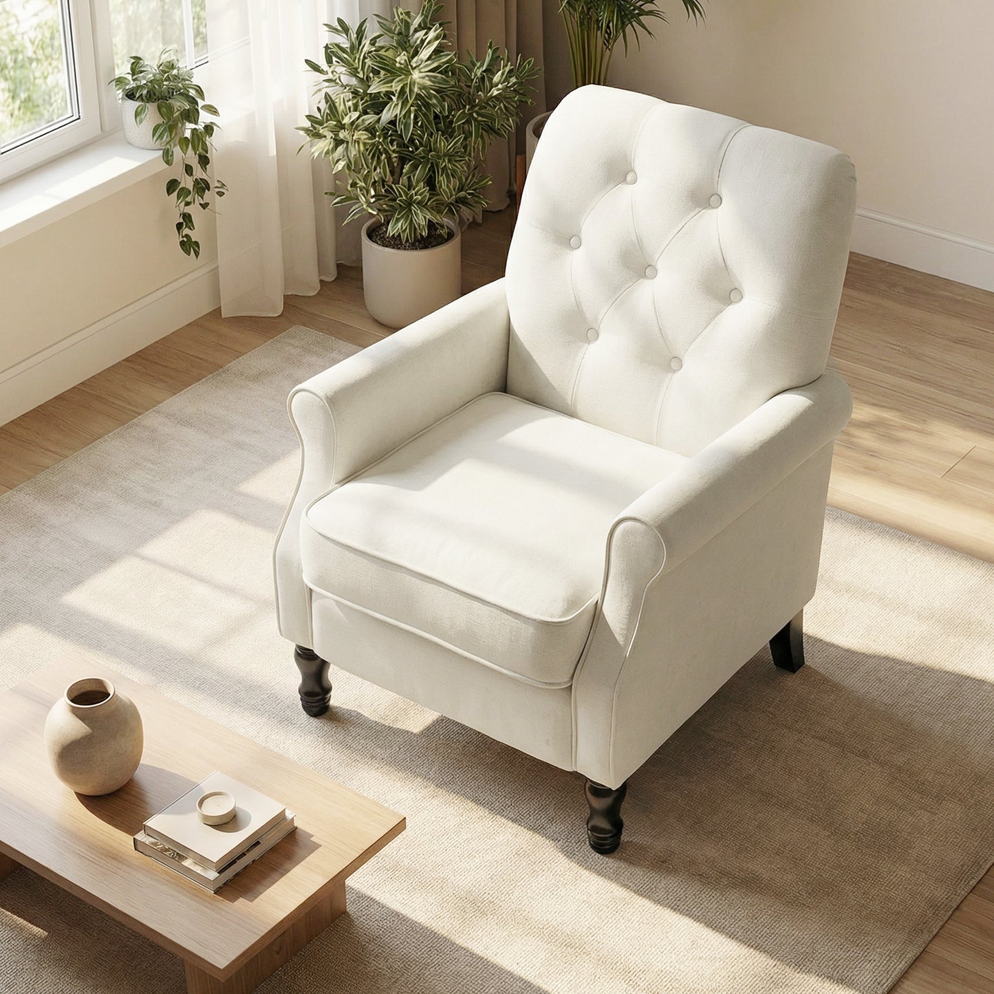 Accent Chair, Mid-Century Modern Armchair with Thick Padded Seat, Spring Cushion, Solid Wood Legs, Cream White