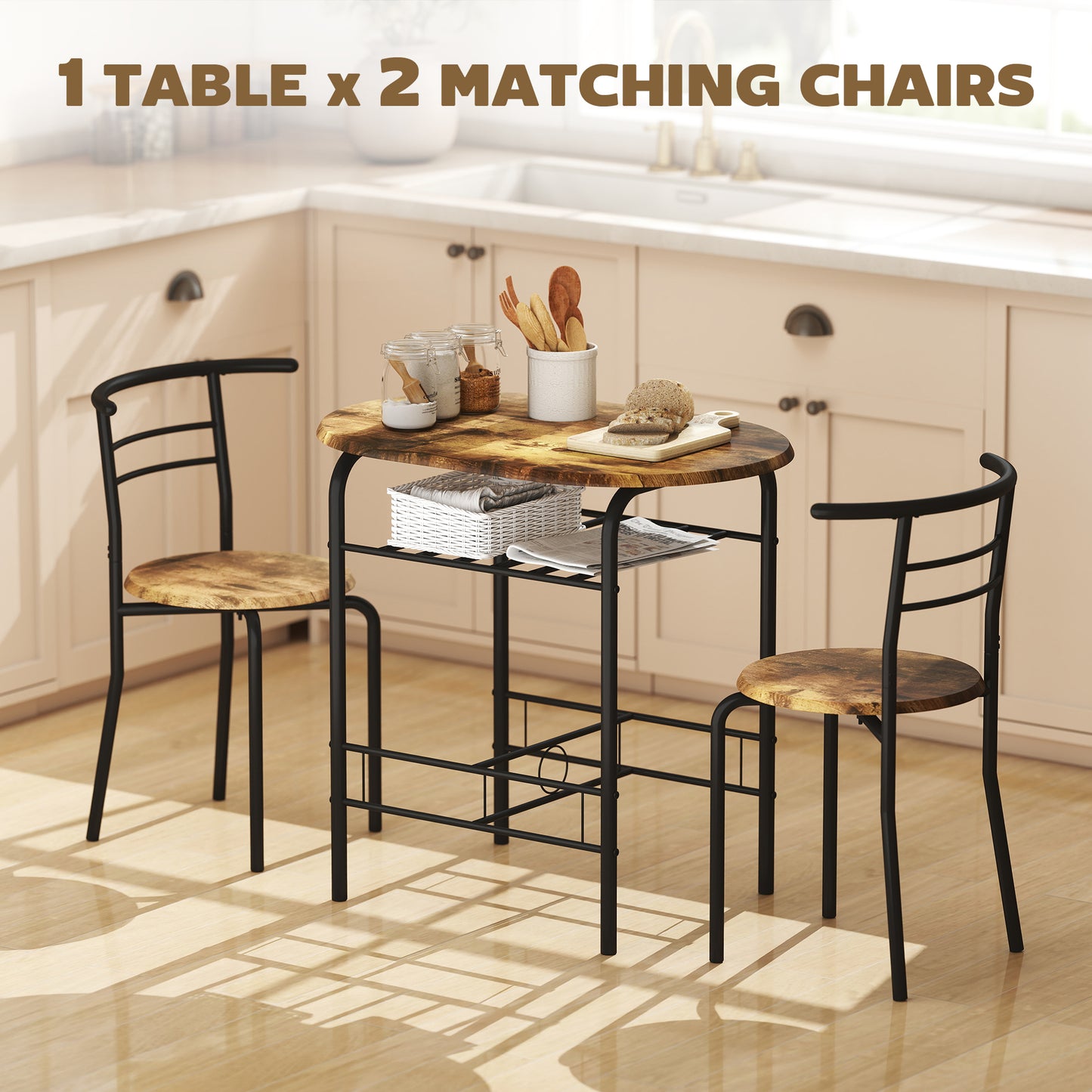 Dining Table Set of 3, Kitchen Table and Chairs Set for 2 with Shelf, Living Room Rustic Brown