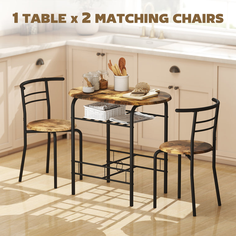 3-Piece Dining Table Set for 2 with Shelf - Rustic Brown