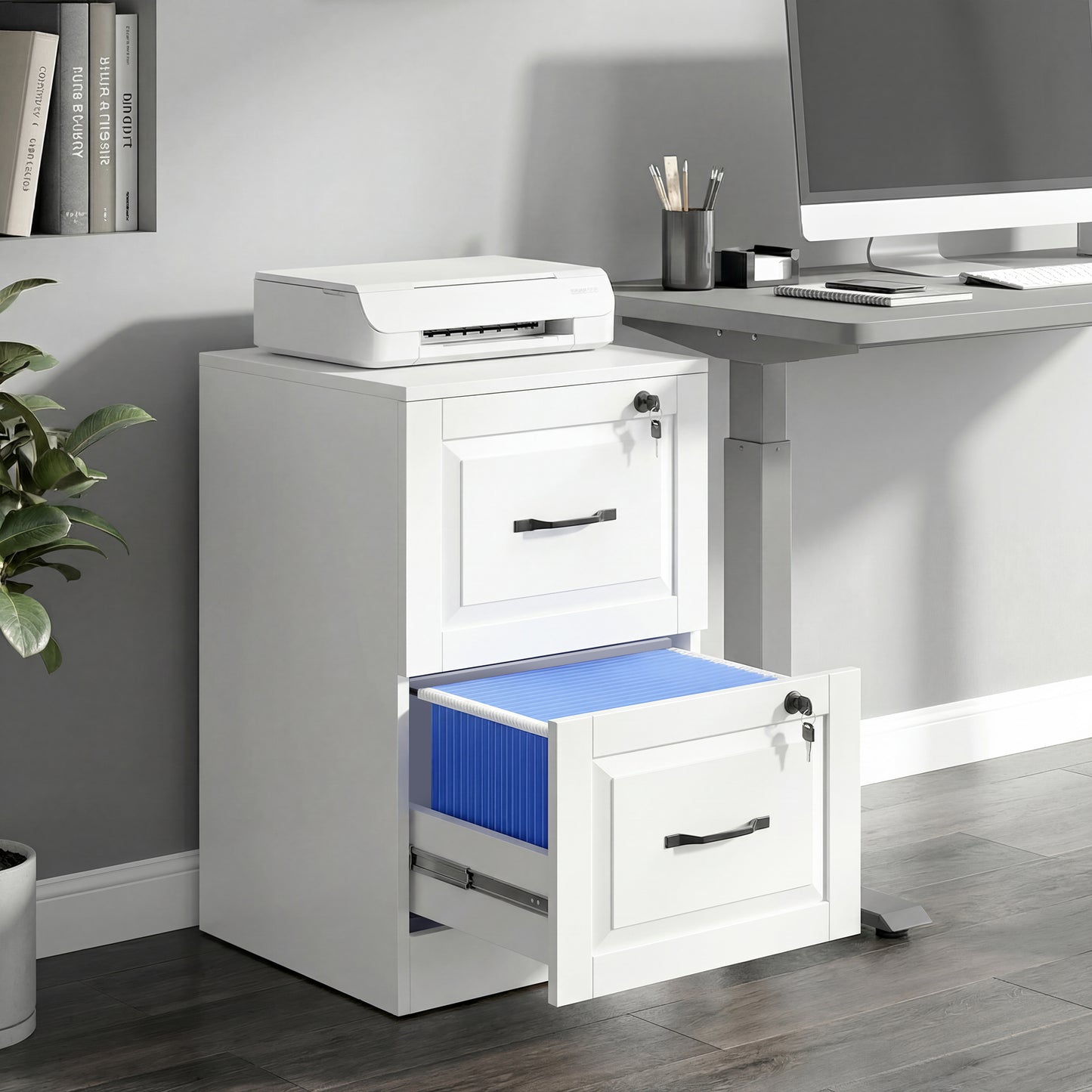 2 Drawer File Cabinet with Lock, Vertical Filing Cabinet with Adjustable Hanging Bars for A4 and Letter Size, White