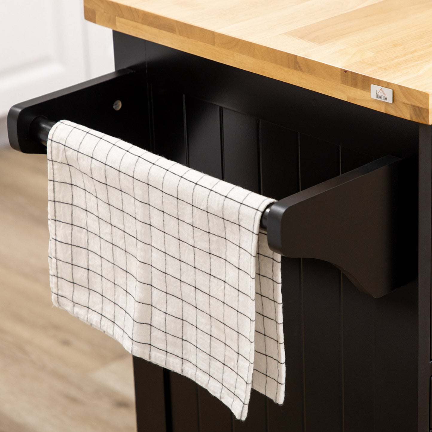 Rolling Kitchen Island with Storage, Utility Kitchen Island Cart with Drawer, Cabinets, Towel Rack and Rubber Wood Top