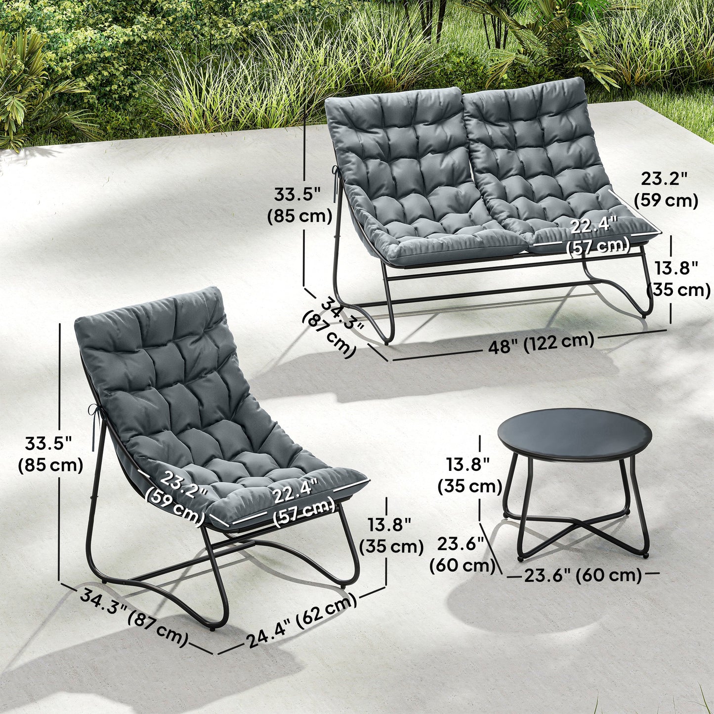4 Piece Patio Furniture Set, Outdoor Furniture Conversation Set with Loveseat, Chairs Round Metal Table, Cushions, Grey