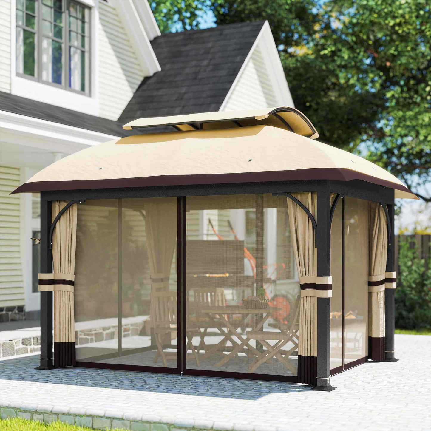 11' x 13' Patio Gazebo, Double Roof Outdoor Gazebo Canopy with Netting & Curtains, Galvanized Metal Frame, Khaki