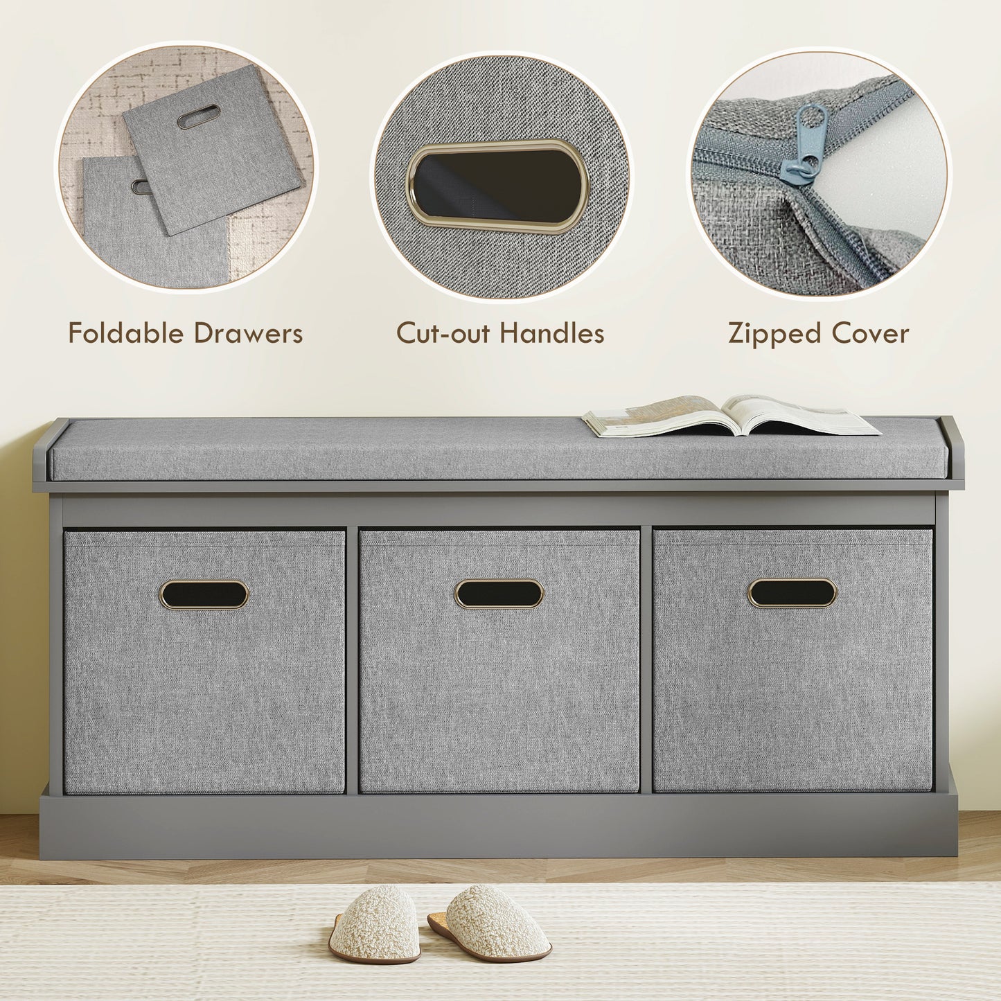 Shoe Storage Bench with Seat, Entryway Bench Seat with Cushion, 3 Fabric Drawers for Hallway, Dark Grey