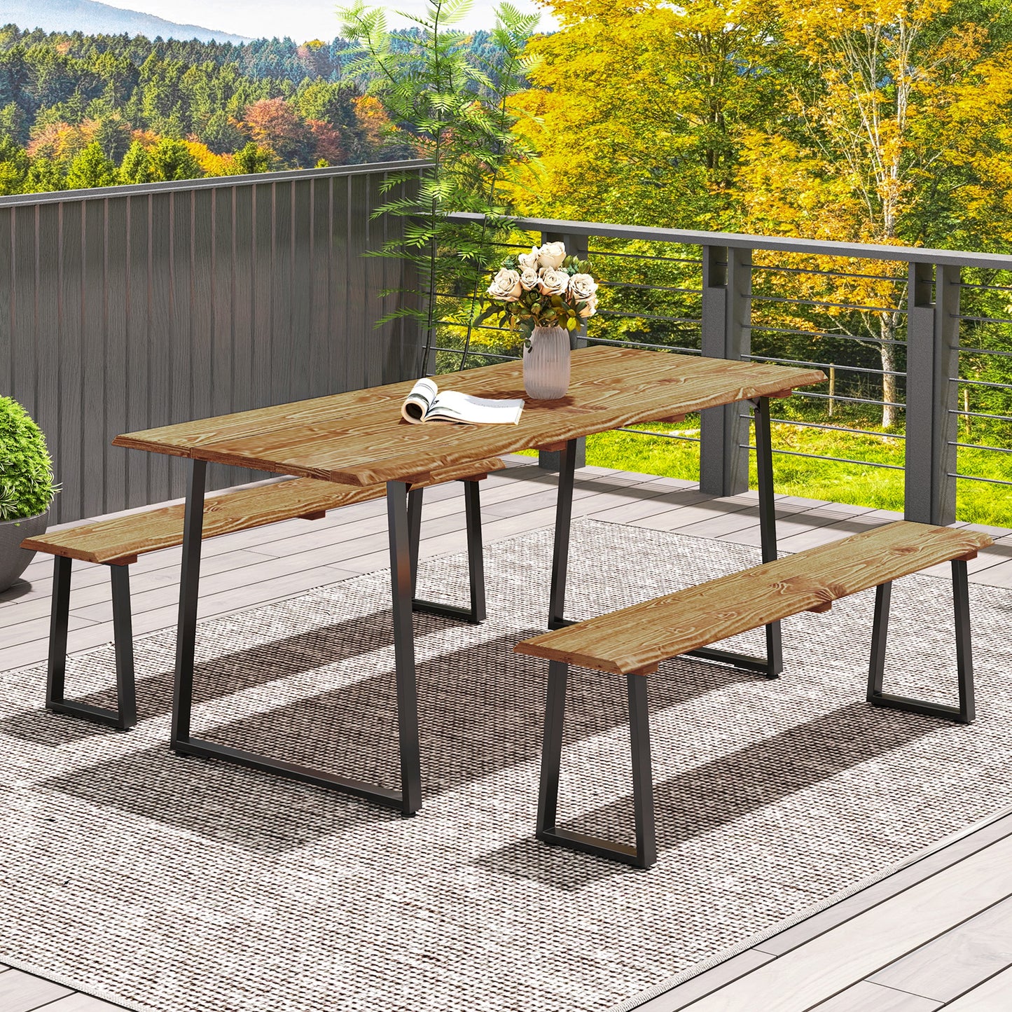Picnic Table and Bench Set for 6 Persons with 2" Umbrella Hole, Slatted Top & Steel Frame, for Party, BBQ, Patio, Lawn