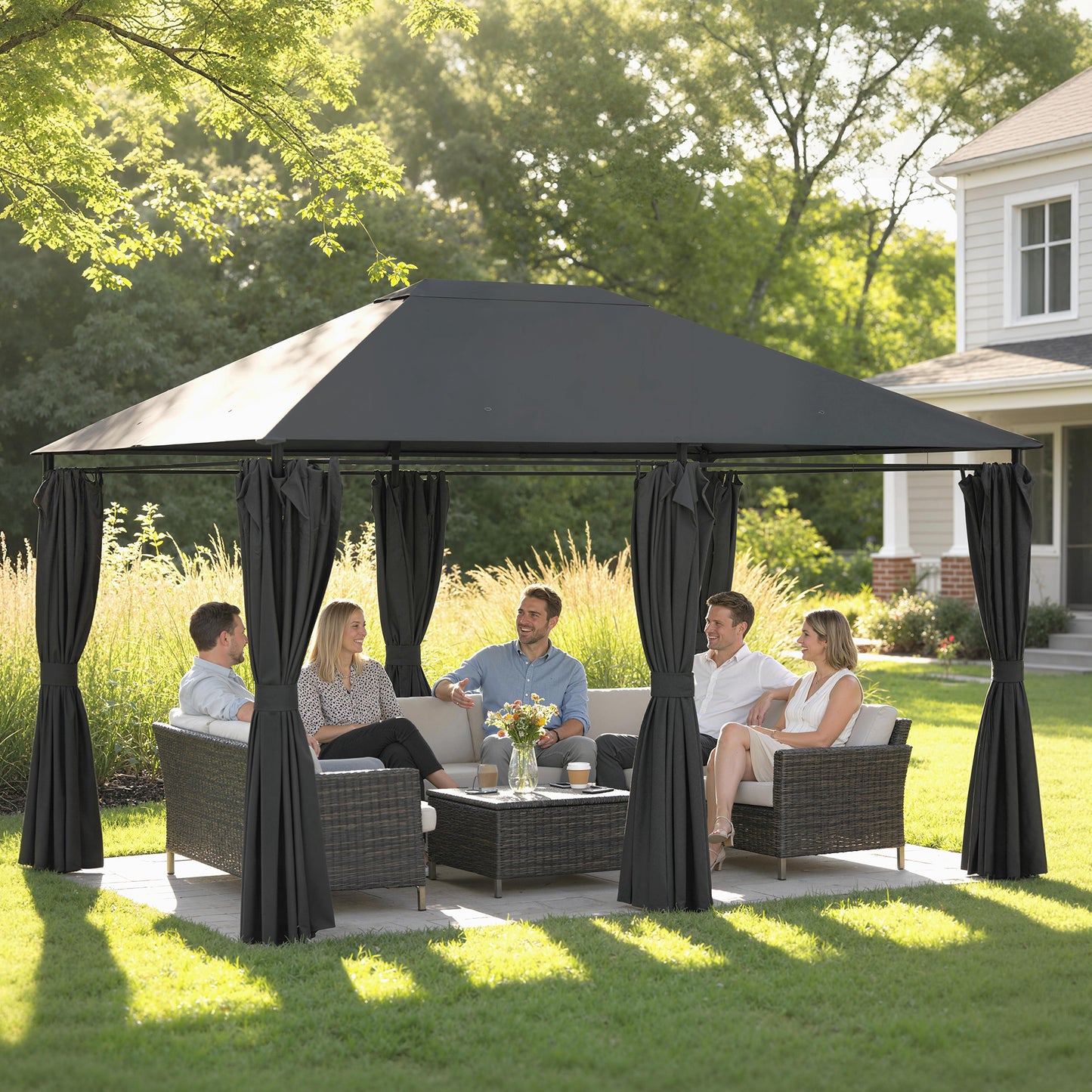 13'x 10' Soft-top Steel Patio Gazebo Canopy Party Tent with 6 Removable Curtains and Drainage Holes, Dark Grey