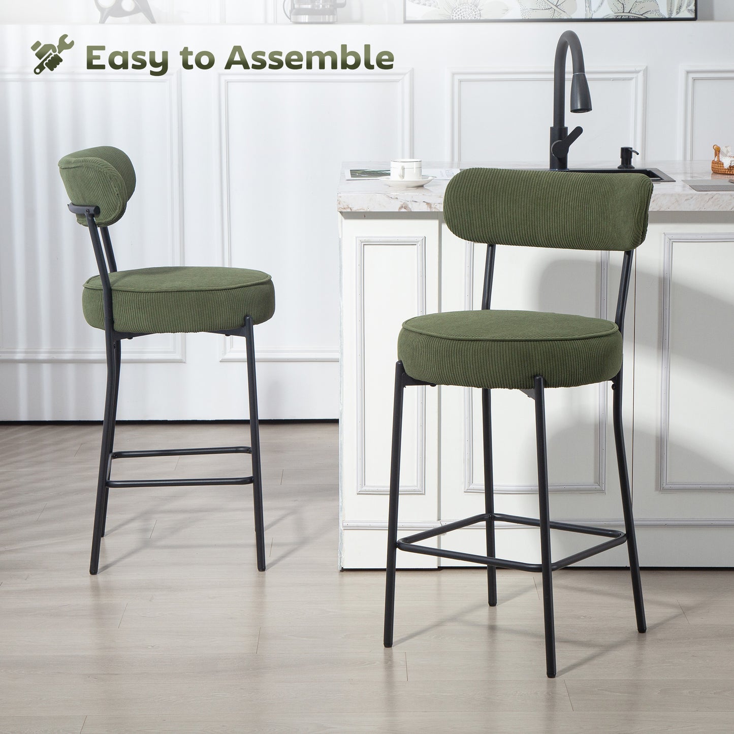 Set of 2 Barstools, Upholstered Corduroy Bar Stools with Backrest, Footrest for Kitchen Island, Dining Room, Green