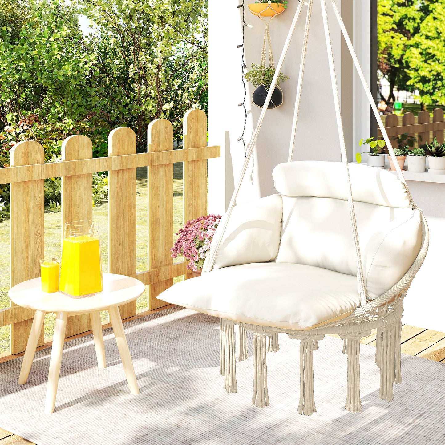 Boho Hammock Chair Swing Hanging Chair with Cushion, Chain, Steel Frame for Indoor Outdoor Bedroom Patio Balcony, Cream