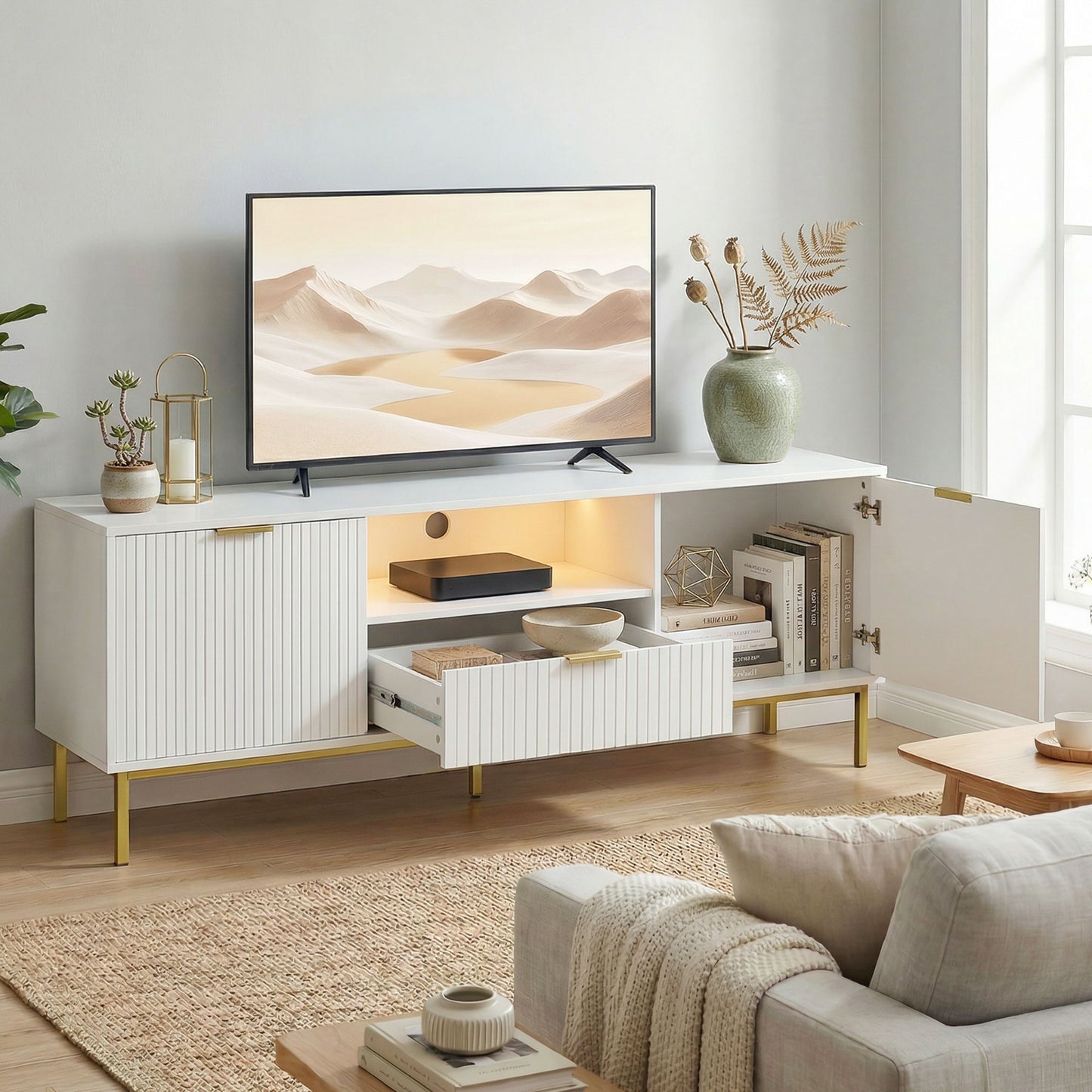 Modern TV Console for TVs up to 60 Inch, Entertainment Center with Smart RGB LED Lights and Soft Close Doors, White