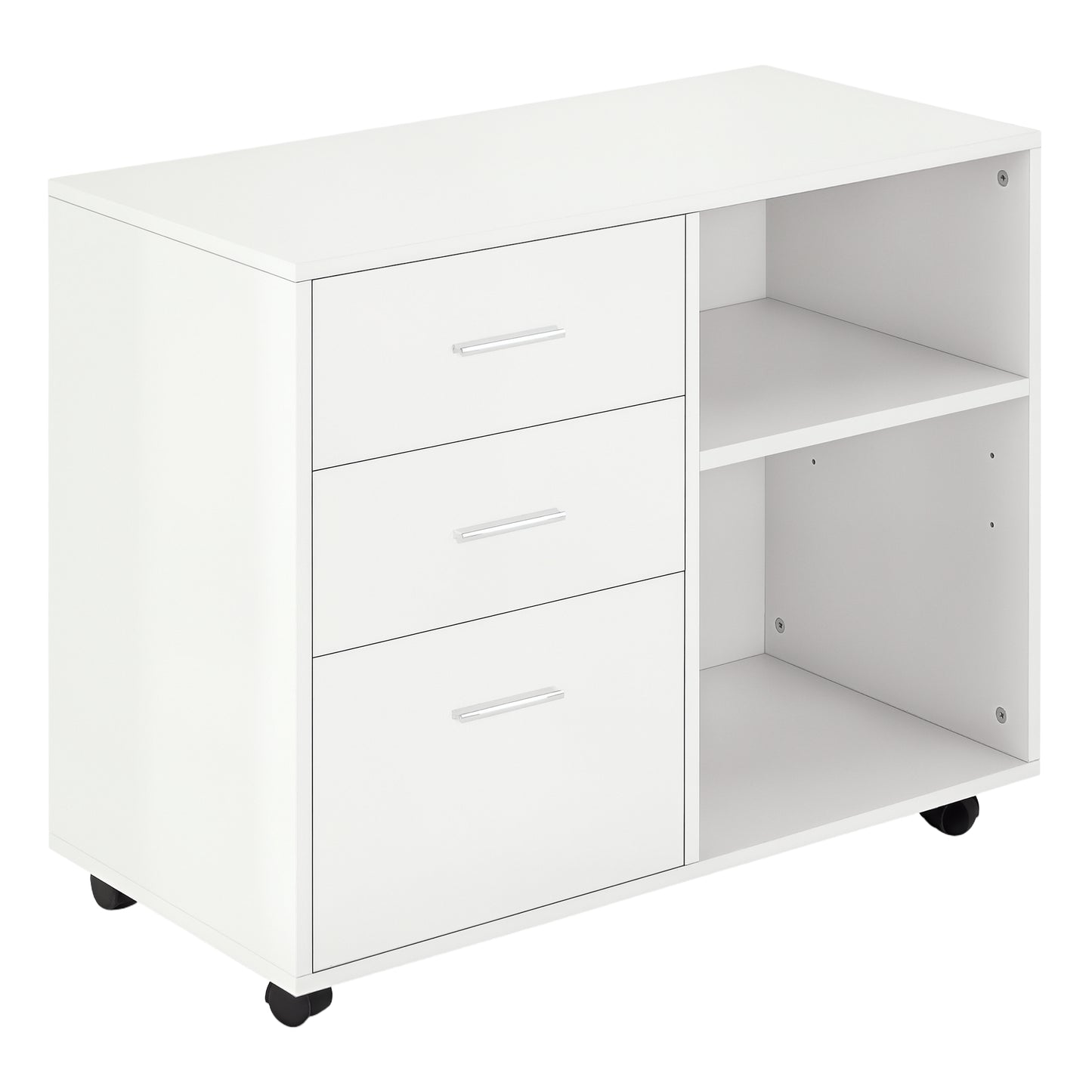 Modern Lateral Filing Cabinet, 3 Drawer File Cabinet for Letter and A4 Size Documents, Mobile, Printer Stand with Open Shelves, Rolling Wheels, White