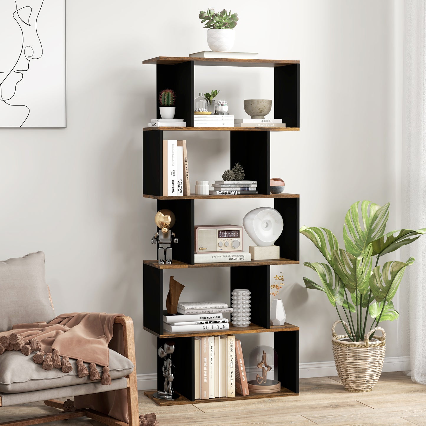 5-Tier Bookshelf, Geometric S-Shaped Bookcase, Tall Narrow Display Shelf for Living Room, Study Room, Rustic Brown