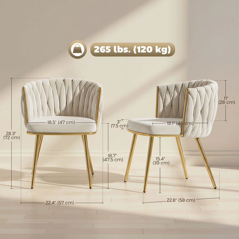 Velvet Dining Chairs Set of 2 with Woven Backrest - Cream White