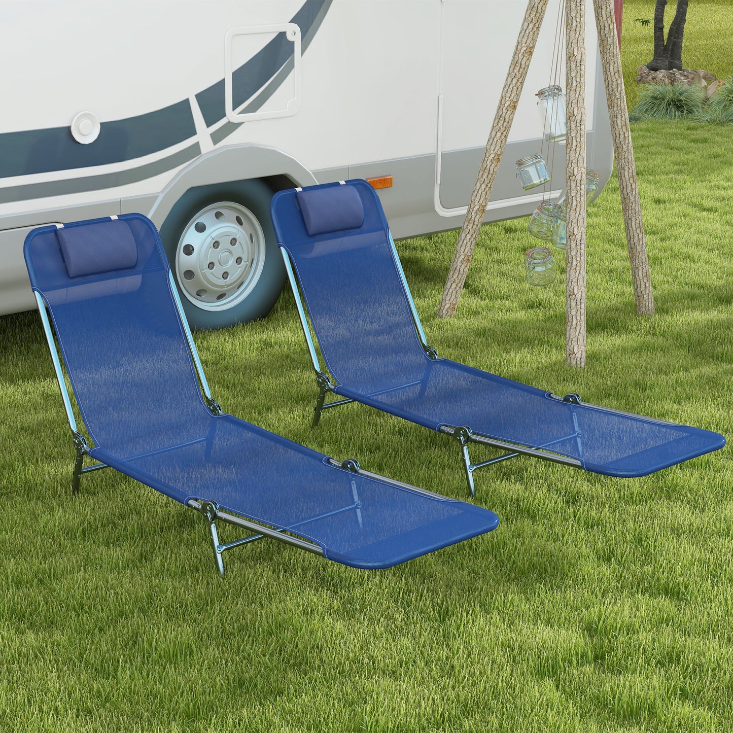 Set of 2 Folding Chaise Lounge Chairs, Outdoor Poolside Sun Tanning Chairs w/ Pillow, Reclining Backrest, Dark Blue - Dark Blue