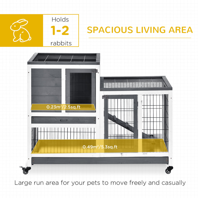Grey Wooden Rabbit Hutch with Wheels & Pull Out Trays