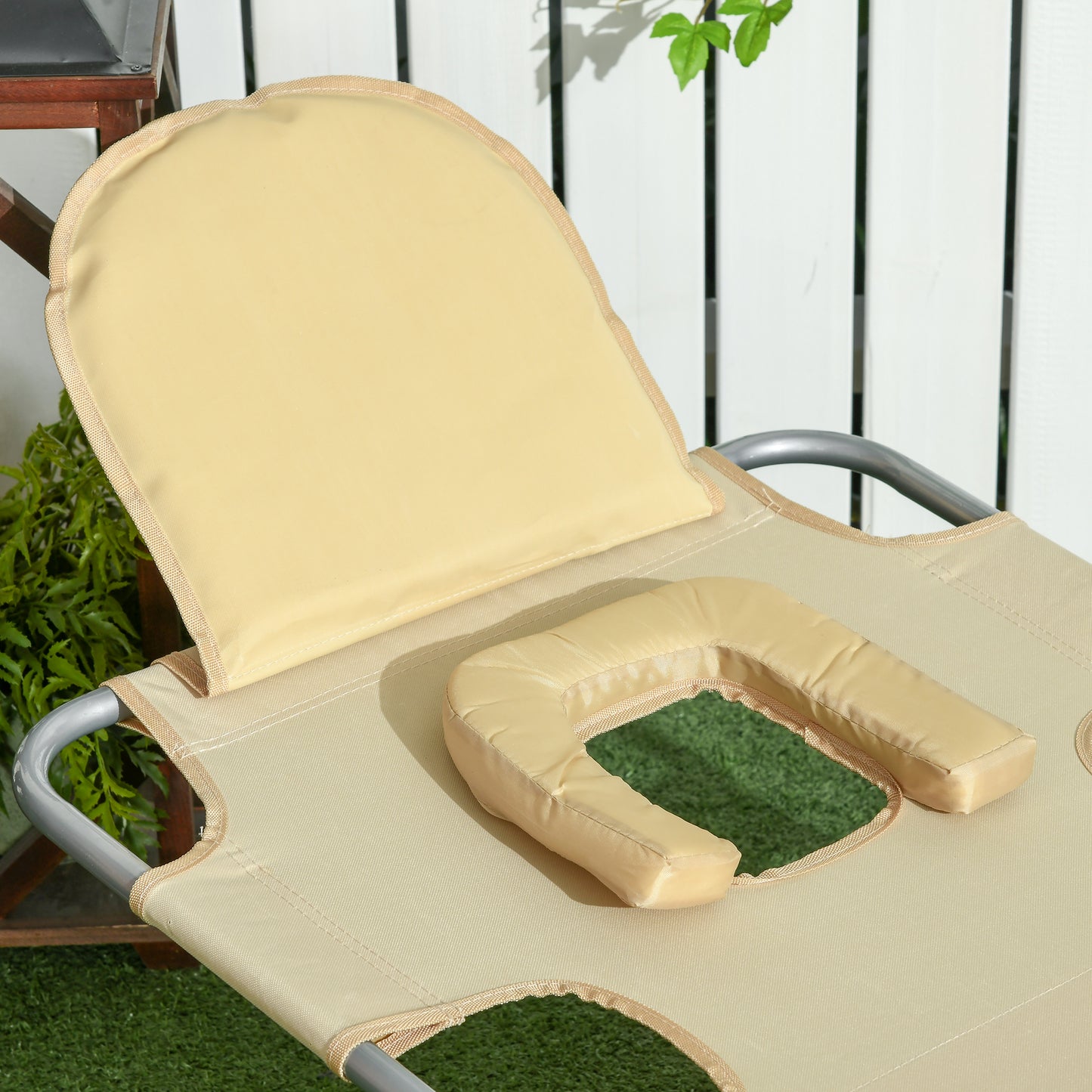 Folding Outdoor Lounge Chair, 5-Level Tanning Chair with Face Hole, Side Pocket, Carry Strap for Beach Pool, Beige