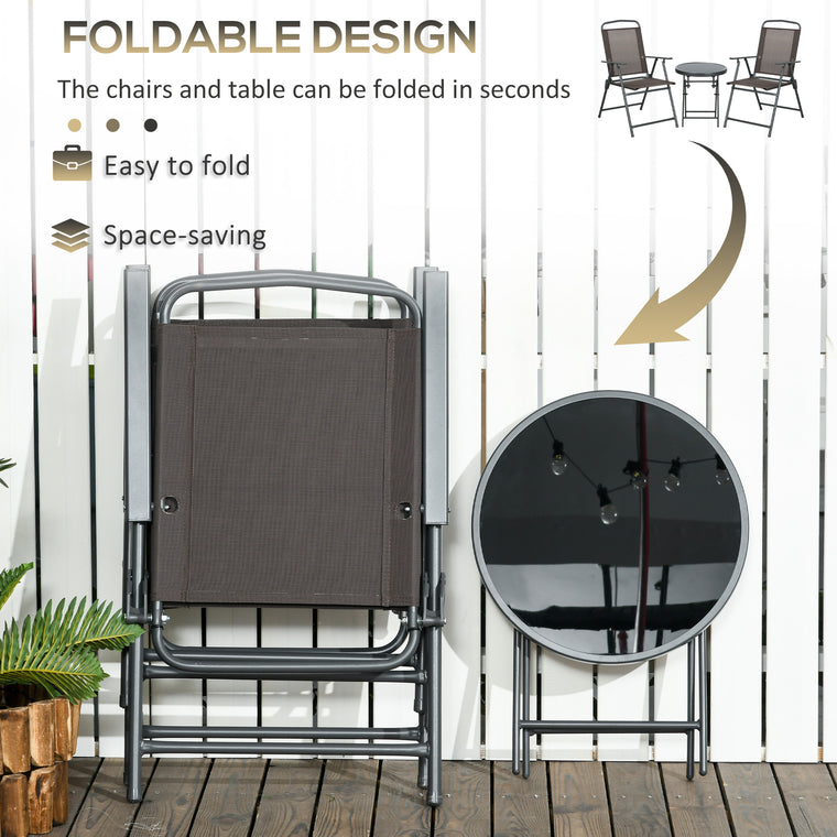 3-Piece Folding Bistro Set with Mesh Chairs and Glass Table