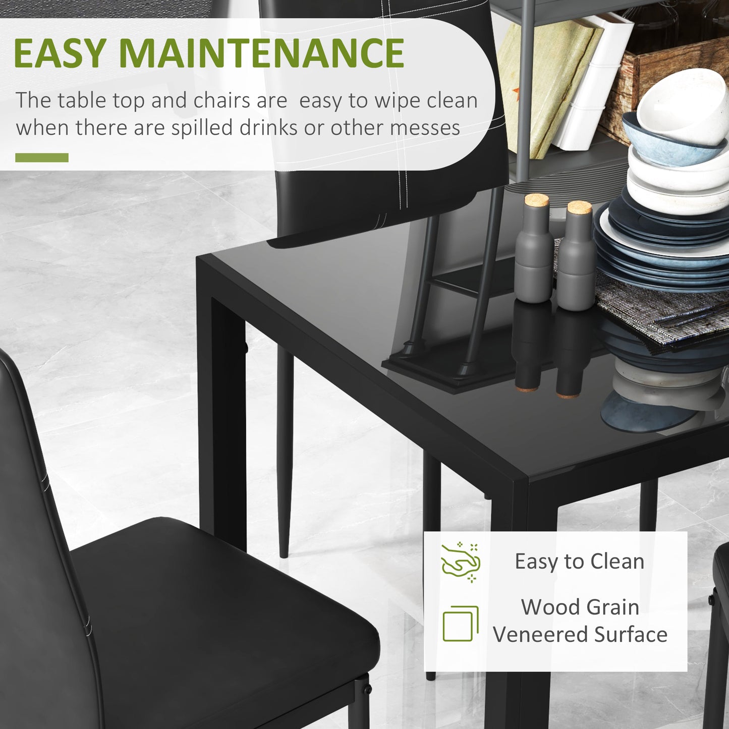 5-Piece Rectangular Glass Kitchen Table and Chairs with Metal Frame and Faux Leather Upholstery for Dining Room, Black