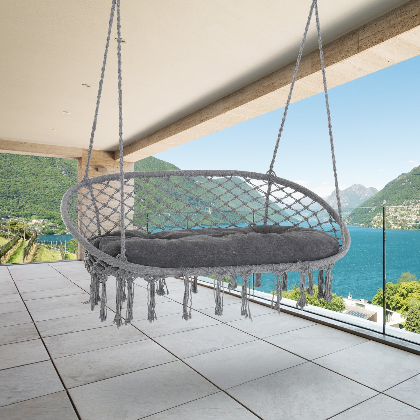 Patio Hammock Chair 2 Seat, Hanging Rope Hammock Swing Chair with Metal Frame and Cushion, Large Macrame Seat for Indoor and Outdoor 396 lbs Capacity, Dark Grey