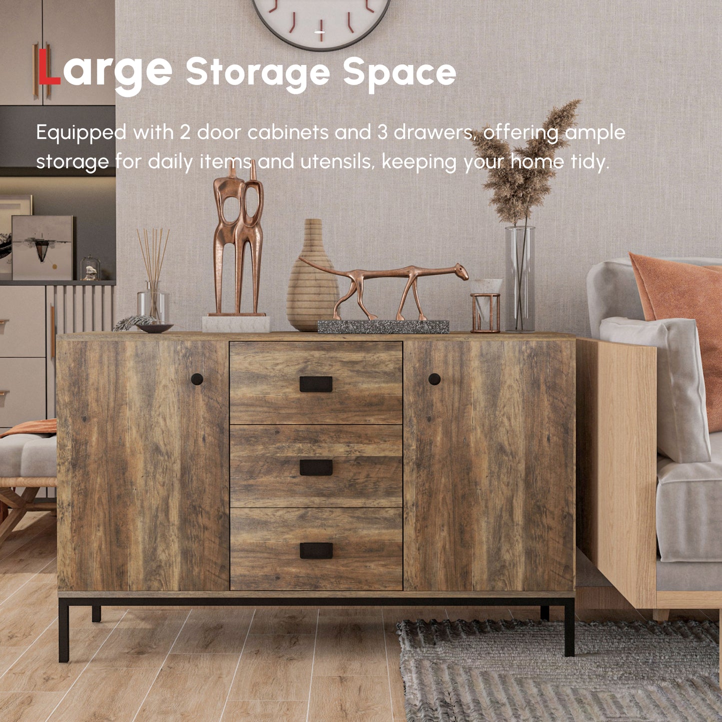 Industrial Sideboard Buffet Storage Cabinet Cupboard with 2 Doors, 3 Drawers and Shelves for Dining Room, Living Room, Brown