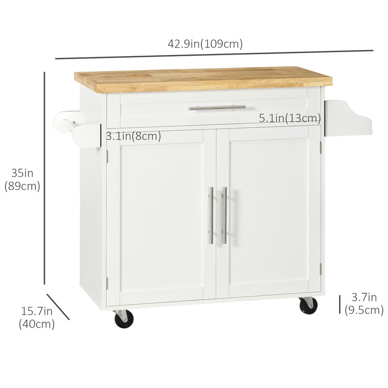 Rolling Kitchen Island with Wood Top and Spice Rack - White