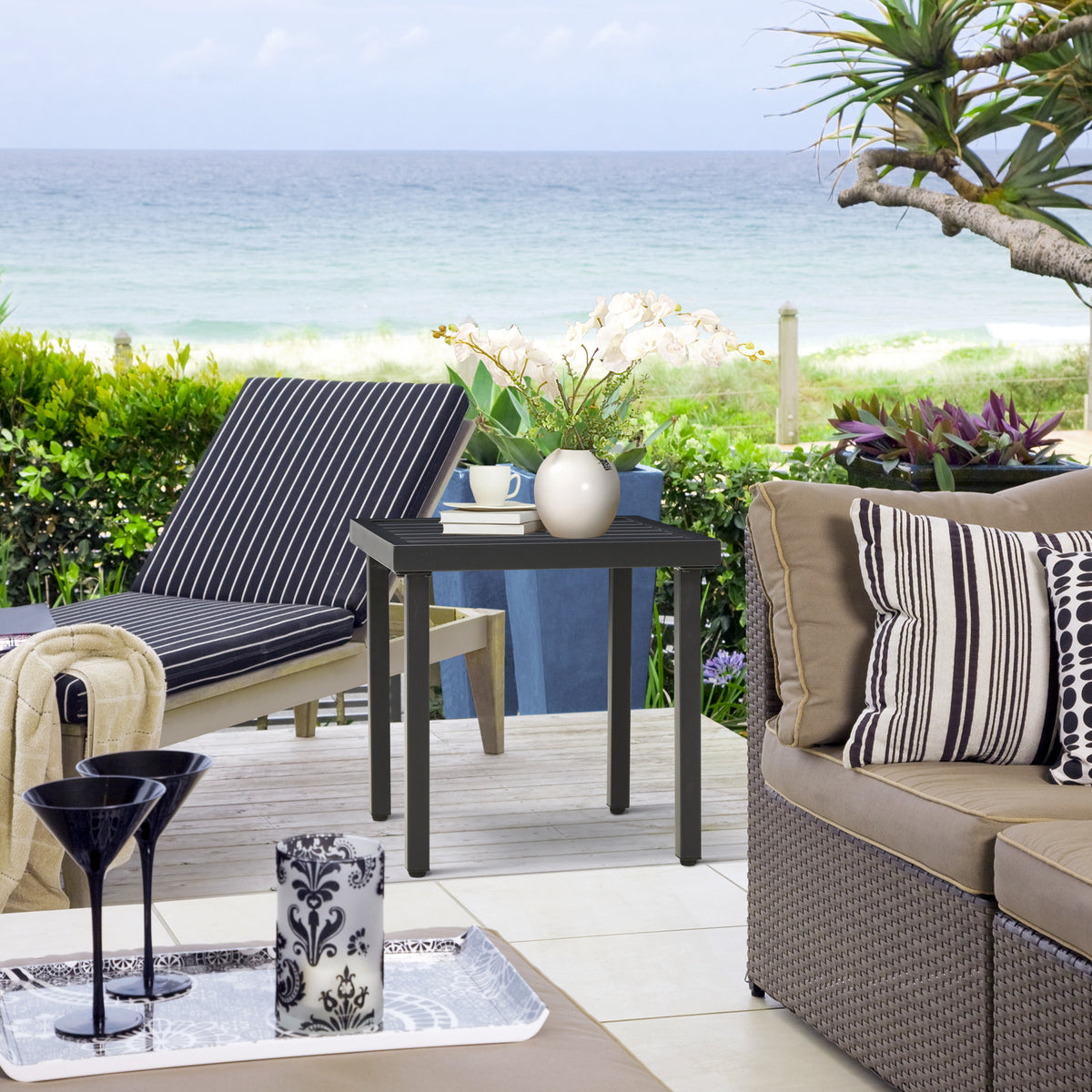 Outdoor Side Table, Patio End Table with Umbrella Hole, Small Coffee Table with Steel Frame for Balcony, Black
