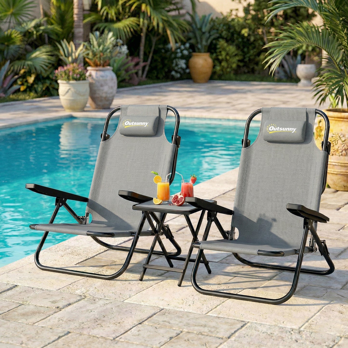 Set of 2 Beach Chair 5-Position Adjustable Folding Camping Chair with Headrest Armrests Light Grey