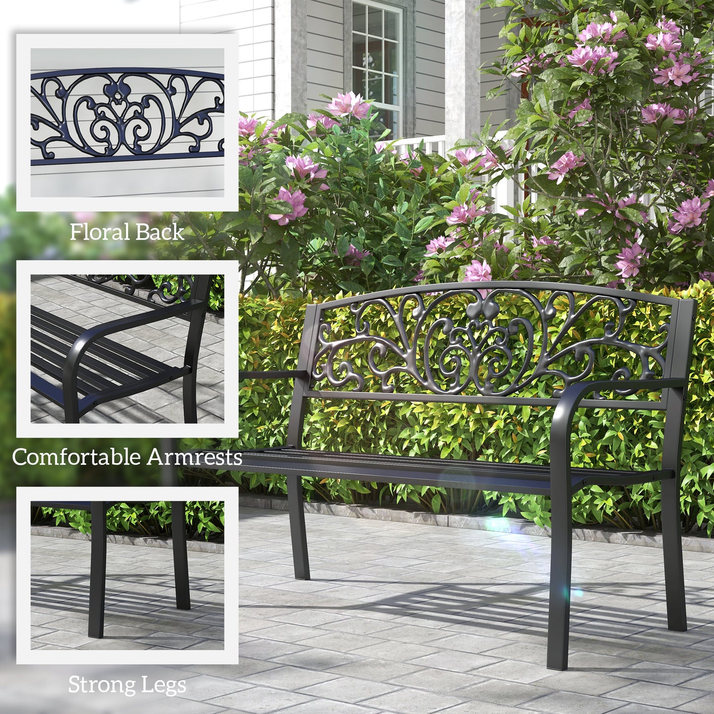 50" 2-Seater Garden Bench Chair, Outdoor Blossoming Pattern Garden Decorative Loveseat Bench for Yard, Lawn, Porch, Black