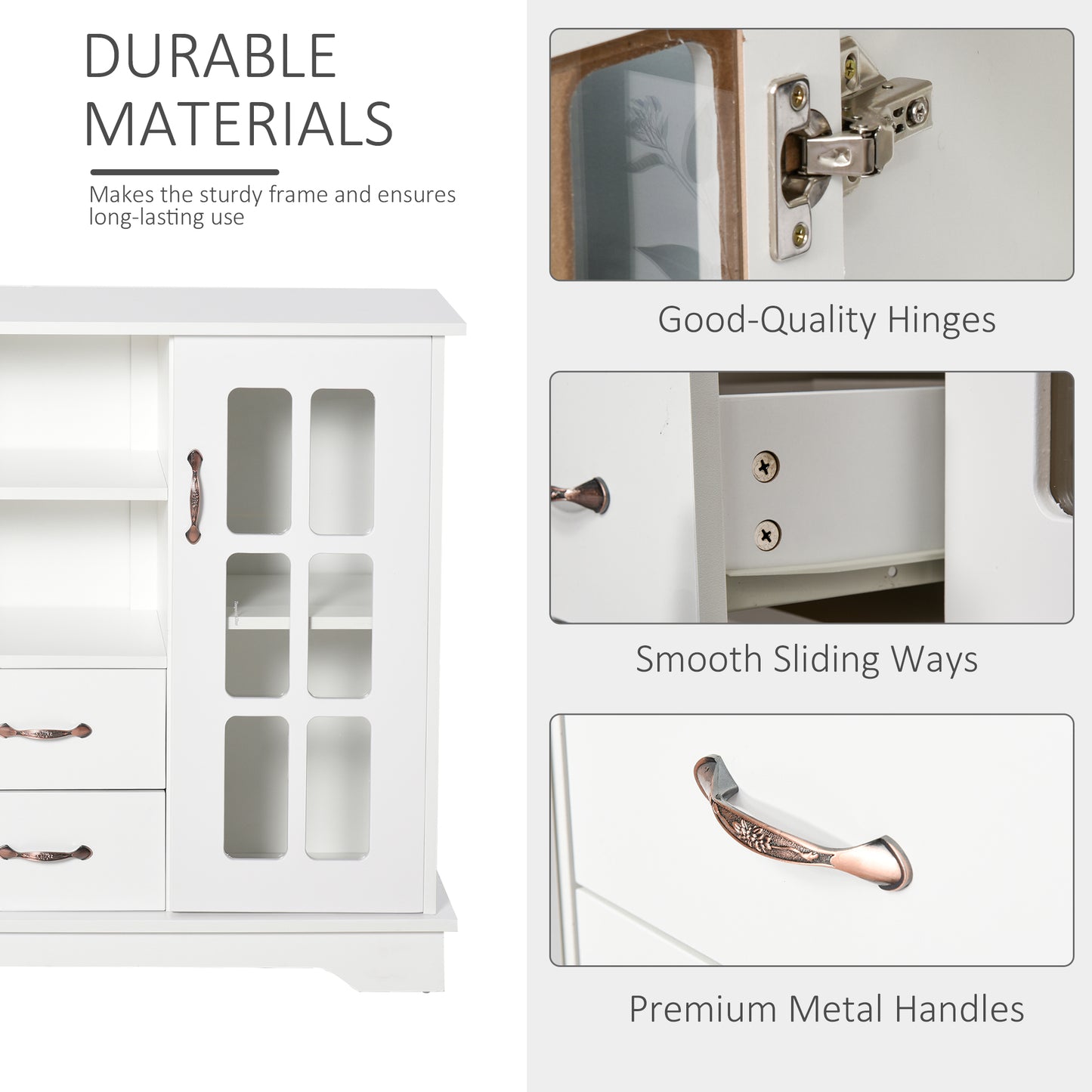Modern Kitchen Sideboard with 2 Drawers, Coffee Bar Cabinet with Glass Doors Storage Cupboard and Open Shelf, White