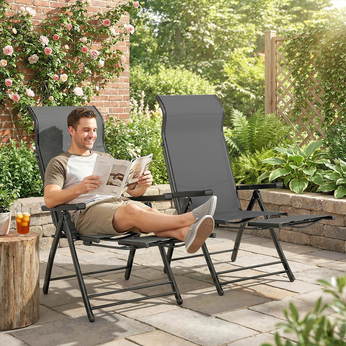 Folding Patio Chairs Set of 2, 5-Position Outdoor Lounge Chairs with High Back, Retractable Footrest, Dark Grey