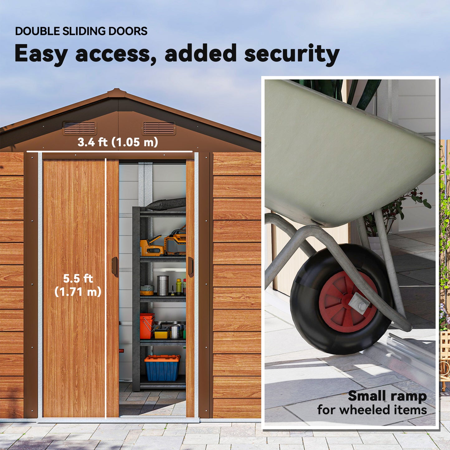 7.7' x 6.5' Outdoor Metal Garden Shed with Lock and Ventilation Gardening Tool Storage, Dark Brown