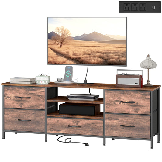 65" TV Stand with 5 Drawers and Charging Station - Rustic Brown