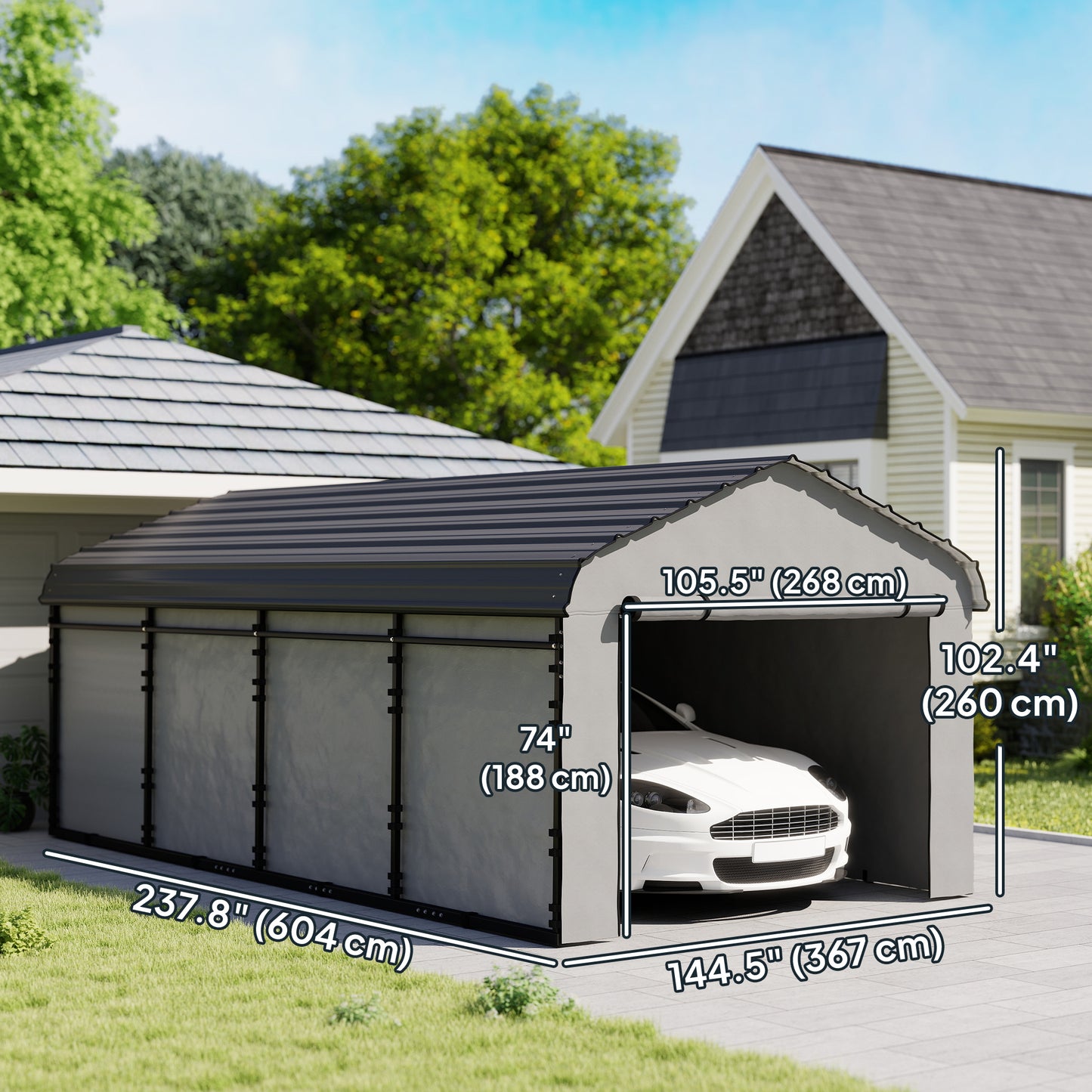 Metal Carport, Heavy Duty Garage Car Shelter with Galvanized Metal Roof and Removable Sidewalls, Light Grey