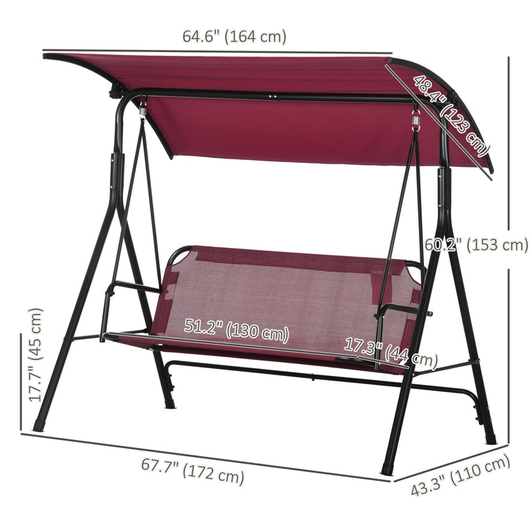 3-Seater Porch Swing Chair with Adjustable Canopy - Wine Red