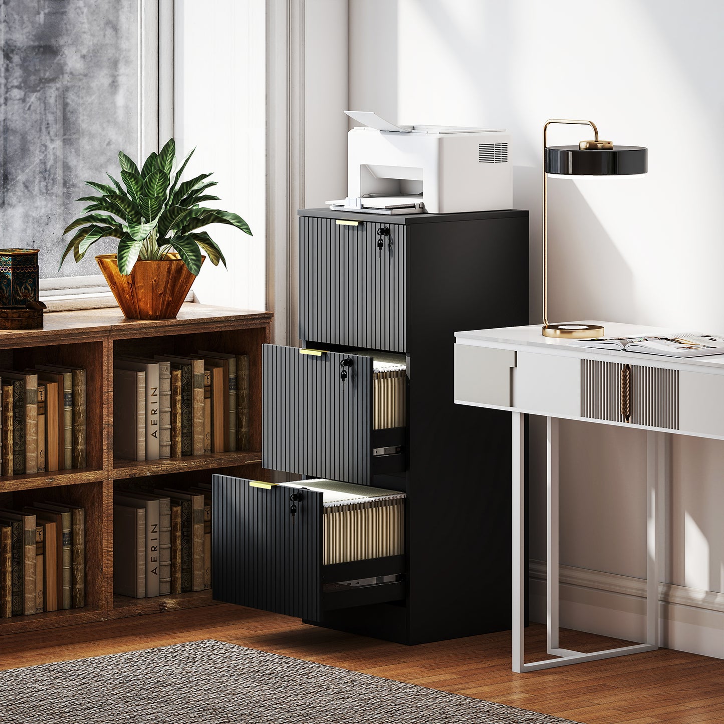 Lockable Filing Cabinet with 3 Fluted Drawers, File Cabinet with Adjustable Hanging Rails for A4 Letter Files, Black