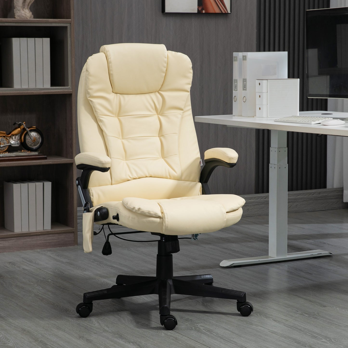 Heated Massage Office Chair, Ergonomic High Back Swivel Executive Chair with Vibration, Leather, Beige