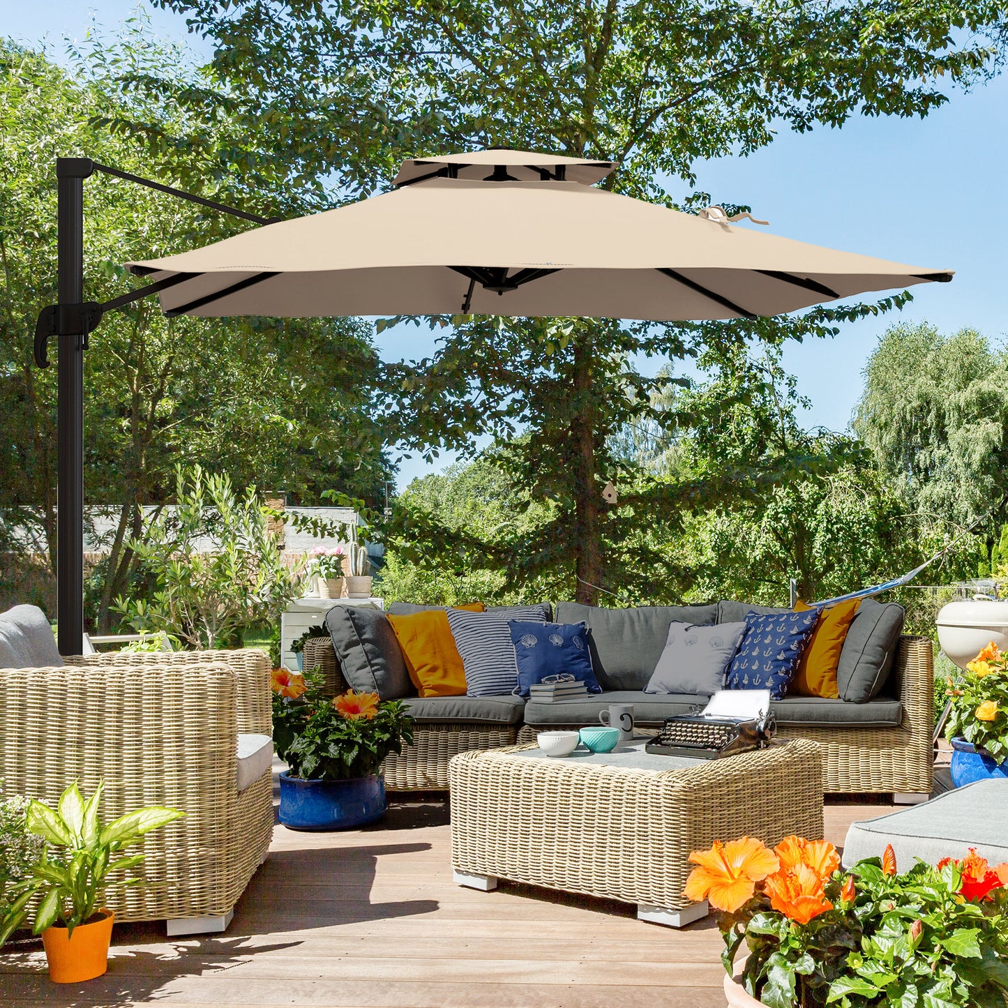 10ft Square Cantilever Patio Umbrella, 360° Rotating Overhanging Umbrella with Cross Base, Crank Handle, Khaki