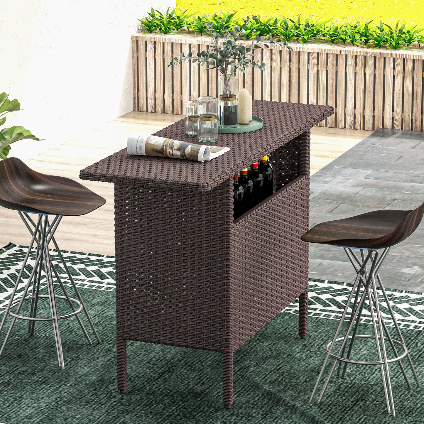 Bar Height Outdoor Rattan Table, Patio Wicker Bar Table with 2 Storage Shelves, 55.1" x 18.5" x 37", Brown