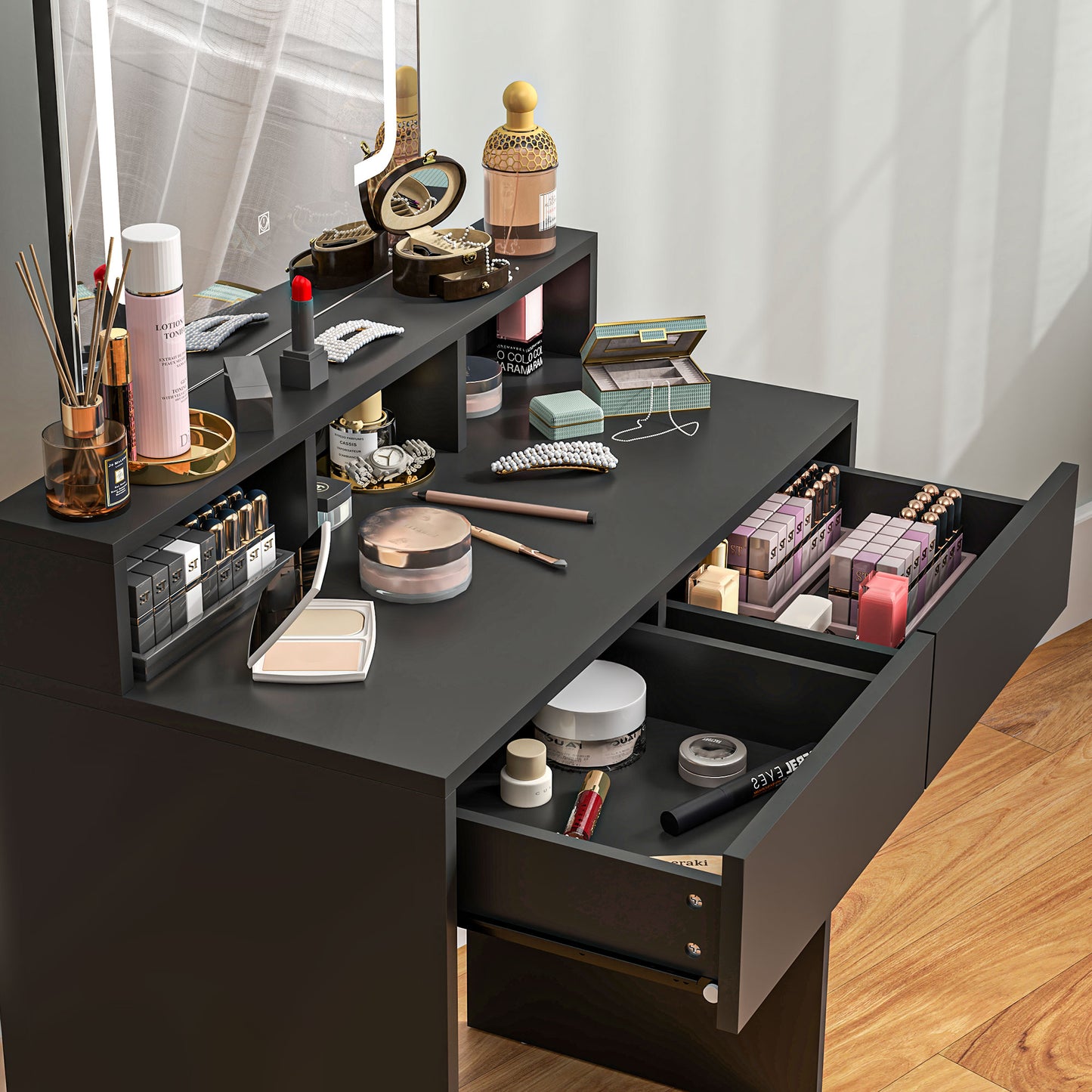 Makeup Vanity Desk with Mirror and LED Lights, for Bedroom, Modern Dressing Table with Drawers, Compartments, Black