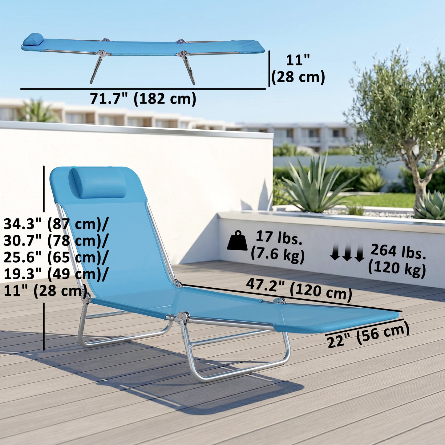 Set of 2 Folding Chaise Lounge Chairs, Outdoor Poolside Sun Tanning Chairs w/ Pillow, Reclining Backrest, Dark Blue