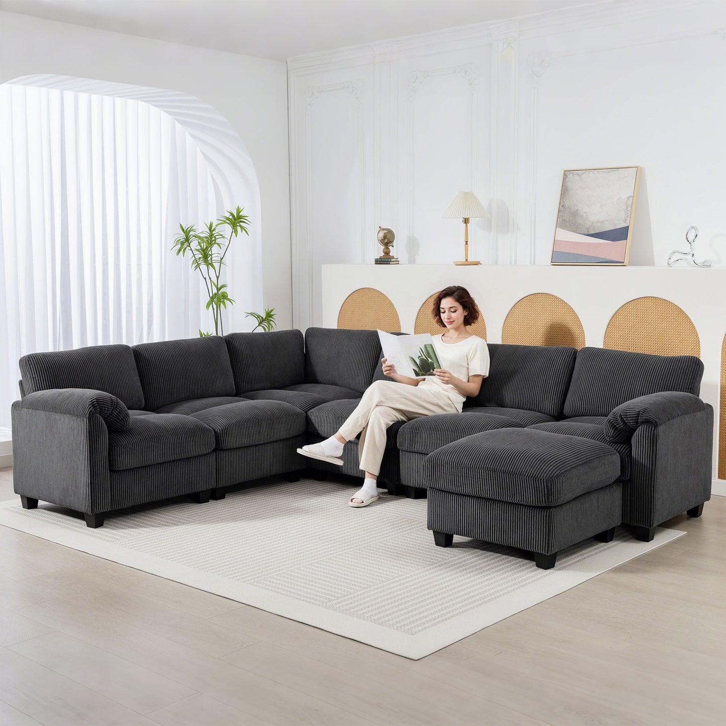 Oversized U-Shape Modular Corduroy Sectional - Charcoal Grey