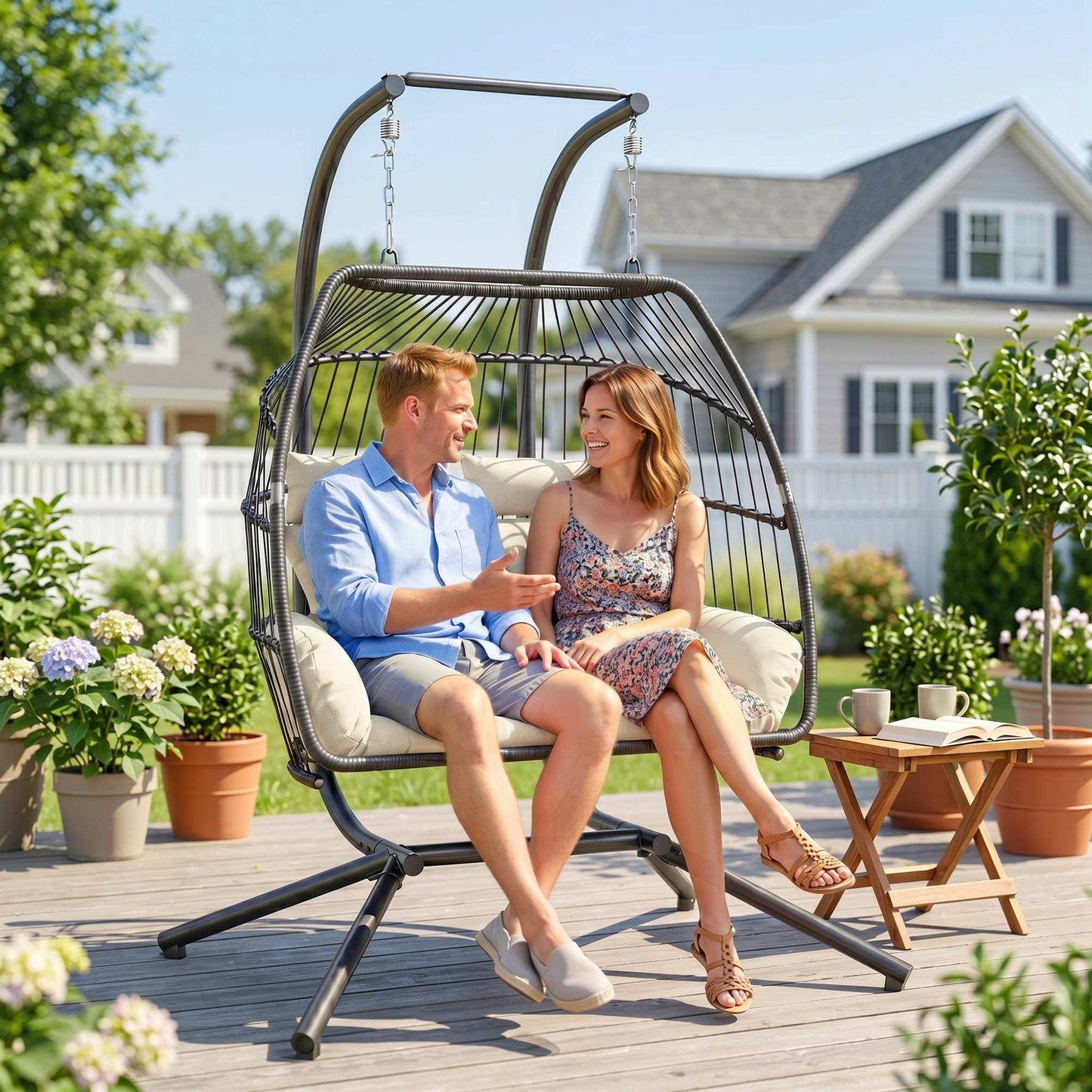 Double Wicker Egg Swing Chair with Stand, Foldable Hanging Egg Chair with UV Resistant Cushion, Headrest, Cream White