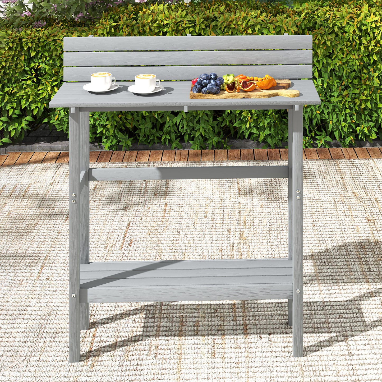110cm Rectangle Outdoor Bar Table with Built-in Footrest, Slatted Top, Grey